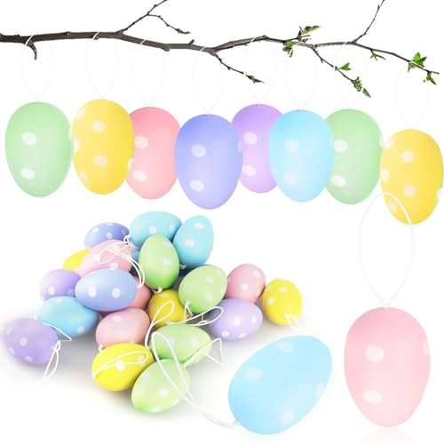 Dowdiles 24 Bunte Plastik Ostereier mit Aufhängung, Ostereier Deko, ideal für Garten, Baum und Osterstrauch