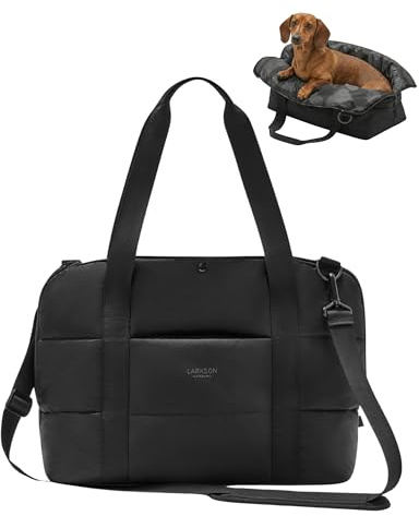 Larkson Hundetragetasche Schwarz - Frida - Aufklappbare Hundetasche für Kleine Hunde bis 10kg - Transporttasche für Hunde & Katzen - Unterwegs als Körbchen Nutzbar