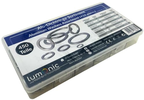 Lumonic Aluminium Dichtring Sortiment | 450 Teile, 18 Größen (6-24mm) | Alu Flachdichtungen | in praktischer Sortimentsbox