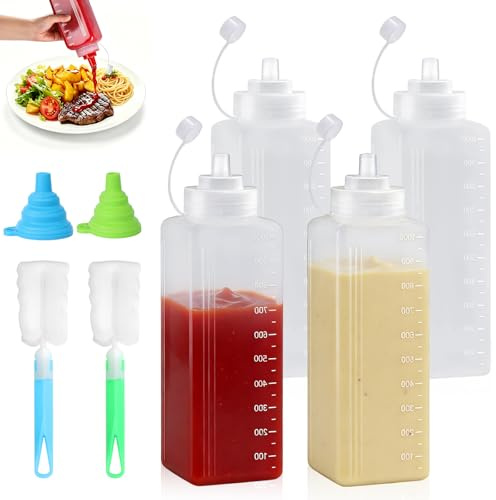 SNSYGN 4 Pcs 1000ml Plastic Squeezy Bottles with Nozzles, Sauce Bottle Squeeze Reusable Ketchup Dispenser with Brushes and Funnels, Squeeze Bottles for Salad, Ketchup, Mustard, Oil