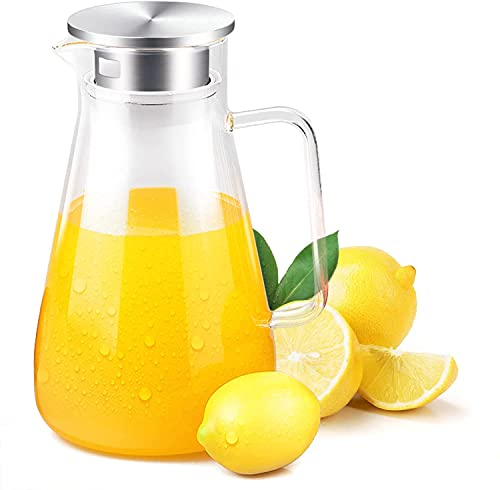 Uten 1.5 Liter 51 Unzen Glas Krug karaffe mit Kristallgriff und Edelstahl Deckel, Glaskrug Transparent für Milch, Rotwein, Kaltes Wasser, Fruchtsaft, Heißen Kaffee, EIS Getränke etc