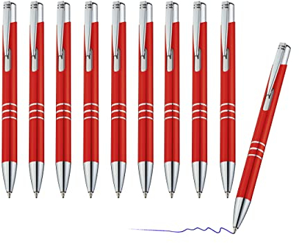 sin4sey 10er Set Metall-Kugelschreiber mit Zierringen - blau schreibend, Druckmechanismus, in trendigen Farben (Rot)