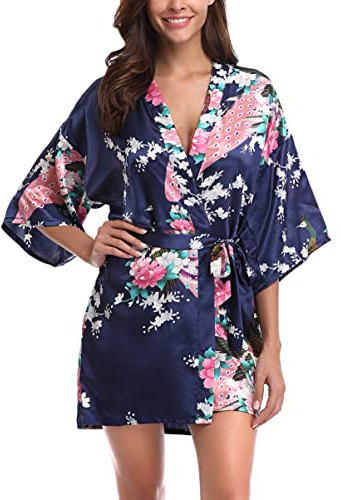 Migcaput Bademantel Damen Kurz Kimono mit Gürtel Robe Morgenmantel Sexy V-Ausschnitt Leicht Seide Satin Pyjama Strandkimonos Nachtwäsche mit Pfau Muster Dunkelblau XL