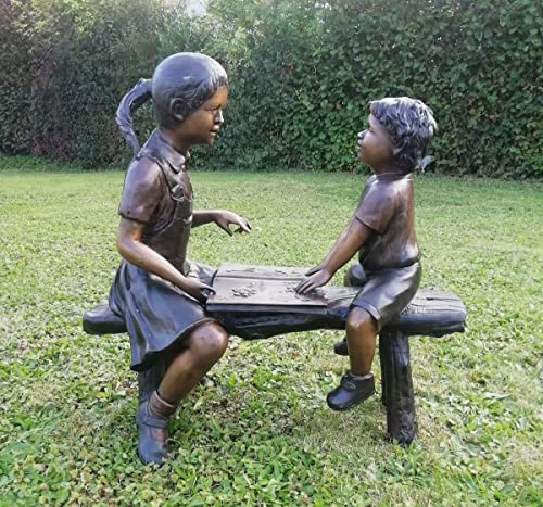 Thermobrass Bronzeskulptur Zwei Kinder auf Bank Gartendekoration Dekorationsfigur wetterfest 90x87x47 cm
