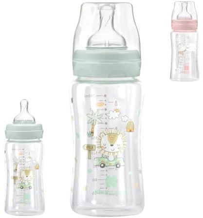 Kikkaboo Biberón de vidrio 240 ml cuello ancho, tapa, tetina de silicona Talla M, color:verde