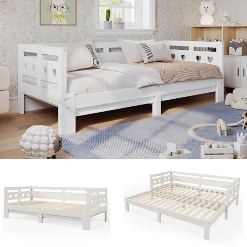 ULUCAN Holz-Tagesbett Kabinen-Einzelbett Mit 2. Bett Solides Gästebett Wohnzimmer Schlafzimmer Schlafsofa Kinder Und Erwachsene Herzförmiges Ausziehbett,White-Sofa Bed