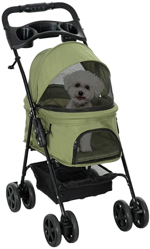 PawHut Hundewagen Hundebuggy mit Klappfunktion Pet Stroller für kleine Hunde und Katzen Haustierwagen Katzenbuggy Oxford Dunkelgrün 67 x 45 x 96 cm