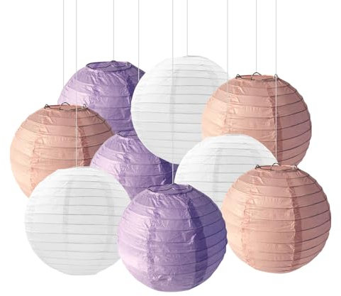 FANSU Lanterne Papier Decoration, Lanterne en Papier à Suspendre Lot de 9 Lampion Papier Rond Lanternes Papier Décoratives pour Décoration Extérieur Mariage Anniversaire (30cm,Rose + Violet)