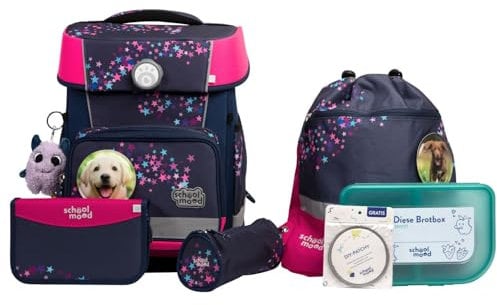 SCHOOL-MOOD Champion Pro Leni Hund Schulranzenset 7-teilig 21,5L Stauraum, ergonomisches Easy Fit System für 1 m bis 1,50 m Körpergröße, standfest, wasserdichter Stoff mit Reflektoren