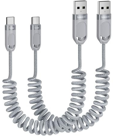 toocki 2 Pack Cable USB C Espiral Retráctil, Nylon Trenzado USB A a USB C Carga Rápida, Compatible con Android Auto/CarPlay, Samsung Galaxy S20/S10/S9/S8+, Note 10/9/8 (1.5M, Gris)