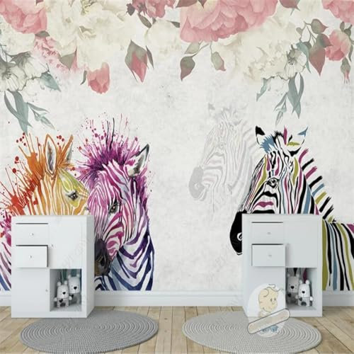 XLMING Vintage Colourful Zebra Pink Flower 3D Wallpaper Decorative Study Dining Living Room Bedroom Wall Sofa TV Wall-430cm×300cm