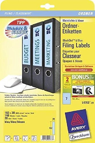 Ordner-Etiketten für schmale Ordner, kurz, blau, 192x38mm, 140 Etiketten Farbe blau Inhalt 140 Stück