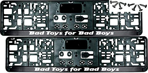 2 Stück Kennzeichenhalter mit Spruch Bad Toys for Bad Boys - inklusive 8 Schrauben - Nummernschildhalter - Fun - Satz