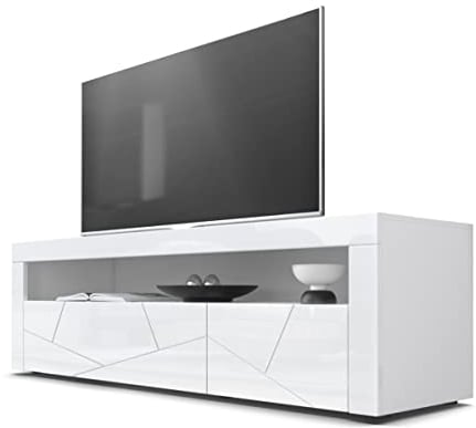Vladon Mueble TV Valencia, Cómoda TV con 1 Compartimento Abierto y 2 Puertas abatibles, Blanco/Blanco de Alto Brillo Elemento Estructura 3D/Blanco de Alto Brillo (155 x 46 x 40 cm)