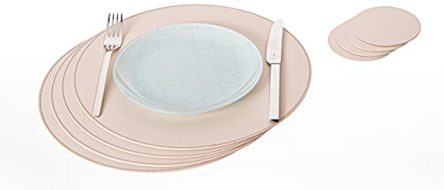 Nikalaz Rund Platzsets und Untersetzer aus recyceltem Leder, 4 Stück Tischsets, Platzdeckchen 33 cm und Untersetzer 10cm (Weiß - Cremeweiß)