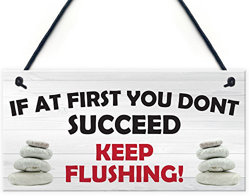 Red Ocean If At First You Don't Succeed Keep Flushing! Novelty Hanging Bathroom Sign Funny Toilet Wall Art Decor Plaque