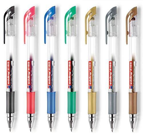 edding 2185 Gel-Roller (Standard-Farben), 7-Stück, 0,7mm | schwarz, rot, grün, blau (Office Set) + 3er Metallic - gold, silber, kupfer