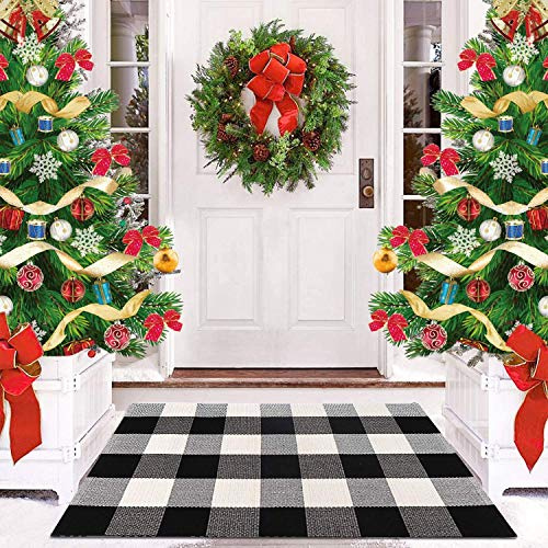 Buffalo Plaid Teppich Karo Outdoor Haustürteppich mit Anti-Rutsch-Pad Karierte Teppiche Weiß und Schwarz Fußabtreter Vorleger Weihnachten Fußmatten, Waschbarer Veranda-Teppich, Hintertür-Überwurf