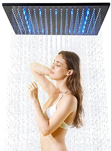 JUNSHENG Soffione Doccia a LED da 16 Pollici Soffione Doccia a Pioggia Quadrato Nero Opaco Ugelli in Silicone Facili da Pulire Rubinetto Fisso per Doccia(40x40cm)