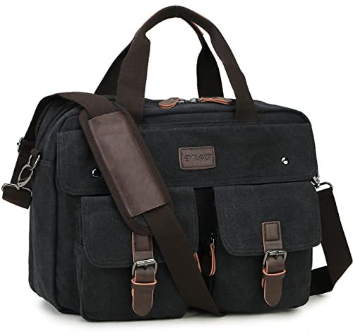 RAVUO Laptop bag for Men, 15.6 Inch Multifuntional Business Computer Messenger Shoulder Bag Water Resistant Canvas Briefcase Bag for Work Travel School Black