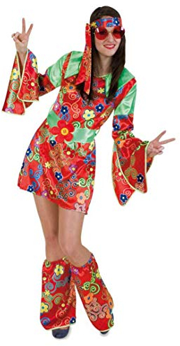 KarnevalsTeufel Damenkostüm Hippie Kleid in Rot mit Gürtel, Stulpen und Stirnband (42)