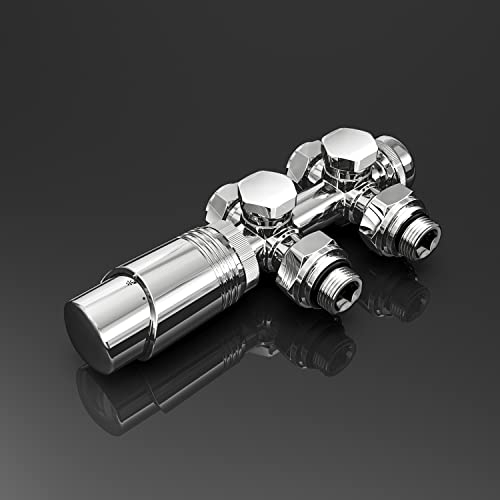 SONNI Multiblock Set für Heizkörper Anschlussarmatur inkl. Thermotstat Hahnblock Ventil Heizungszubehör Eck- und Durchgangsform chrom