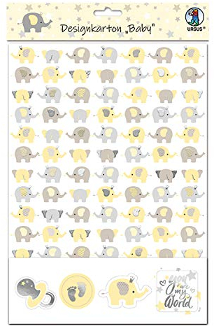 Ursus 62454603F - Baby, Set mit 5 Blatt Designkarton 220 g/m² sortiert in 5 Motiven, DIN A4, einseitig bedruckt und teilweise folienveredelt und 20 thematisch abgestimmten Stickern