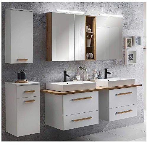 Lomadox Badmöbel Komplett Set mit 165cm Doppel-Waschtisch DABO-04 in weiß mit Landhaus Eiche B/H/T ca. 210/200/50 cm