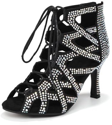 YKXLM Stivali da Ballo Latino Americano Donna con Punta Aperta Strass con Tacco Scarpe da Ballo Donna,Tacco 8.5 cm,Nero,36EU