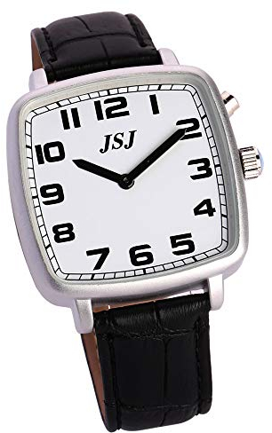 VISIONU Quadratische Deutsch Sprechende Armbanduhr mit Weckerunktion, Sprachfunktion Uhrzeit und Datum, Weiß- Ziffernblatt, Schwarz Lederarmband TGSW-1706G