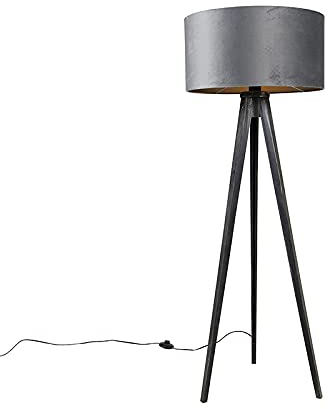 Qazqa - Modern Stehlampe Stativ schwarz mit Schirm grau 50 cm - Tripod I Dreifuß Lampe I Dreifuss Classic I Wohnzimmer I Schlafzimmer - Holz Rund - LED geeignet E27