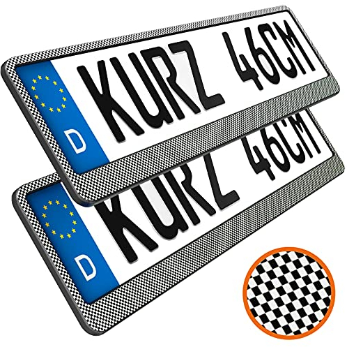 2 Kennzeichenhalter kurz 46 x 11cm Auto Nummernschildhalter Kurze Kennzeichenhalterung 460mm x 110mm kurzer Kennzeichenhalter (Carbon - Zielflaggenoptik)