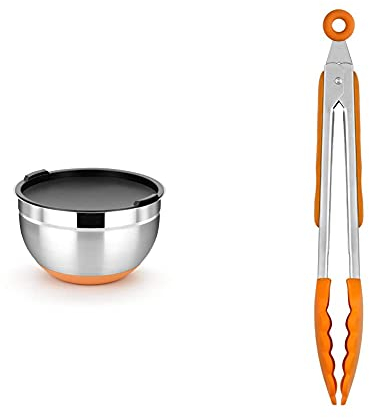 BRA Efficient Bol De Acero Inoxidable 20 Cm, 3.2 Litros + Efficient Pinza De Cocina, Acero Inox, Nailon Y Silicona, Naranja, 28.5 Cm
