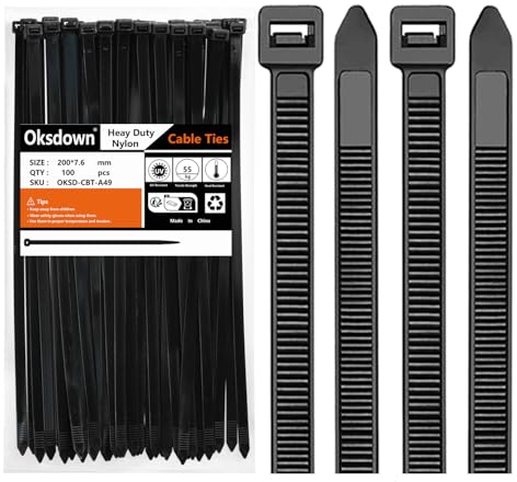 Oksdown 200 mm x 7,6 mm Collier de Serrage Plastique Noir Serre Câbles Longs Rilsan Ultra Solides Résistant aux UV Attache Câble Lot de 100 Pièces