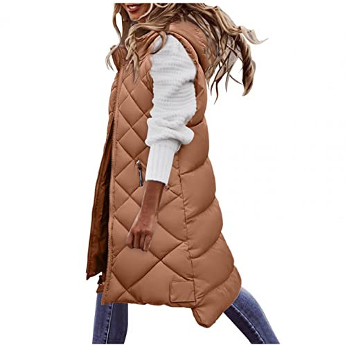 Cocila Women's Long Hooded Gilets Ladies Warmer Zip Up Lightweight Plus Size Quilted Gilet Bodywarmer Sleeveless Down Jacket Winter Waistcoat M-3XL Brown