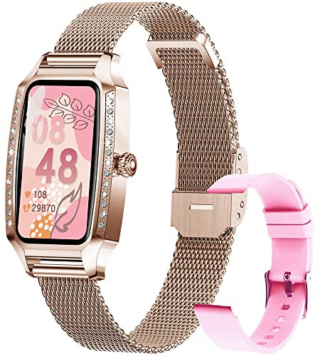 DREAMWIN Montre Connectée Femme 2022 Bluetooth 5.0 Smartwatch Sport IP68 avec Lecteur de Musique Fonction Féminine Podomètre Fréquence Cardiaque Bracelet Intelligent pour Android iOS (Gold)