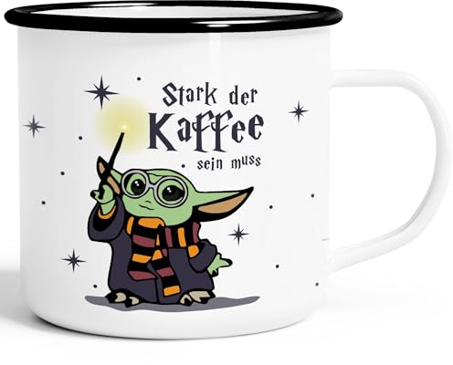 MoonWorks® Emaille-Tasse Baby-Yoda Spruch lustig Stark der Kaffee sein muss Geschenk Kaffeeliebhaber Bürotasse emaille-weiss-schwarz standard 300 ml
