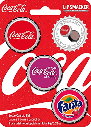Lip Smacker Coca-Cola Kollection, Lippenbalsam, 3er Lip Balm Set in Geschmacksrichtungen Klassische Cola, Kirsch-Cola und Fanta-Erdbeere, feuchtigkeitsspendende und erfrischende Lippenpflege