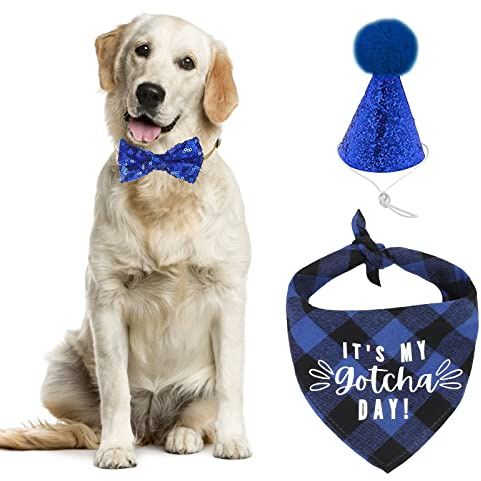 URROMA 3 PCS Birthday Dog Bandana Hat Bow Tie Set, Pet Gotcha Bandana Collar Dog Triangle Bibs Scarf Bowtie Collar with Cone Dog Birthday Hat Gift and Party Decoration Set, Blue