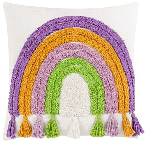 furn. Heya Home Rainbow Tassel Feather Filled Cushion – Colourful Tufted Cotton Rainbow Tassel Trim Decorative Pillow (Multicolour – 45x45cm)