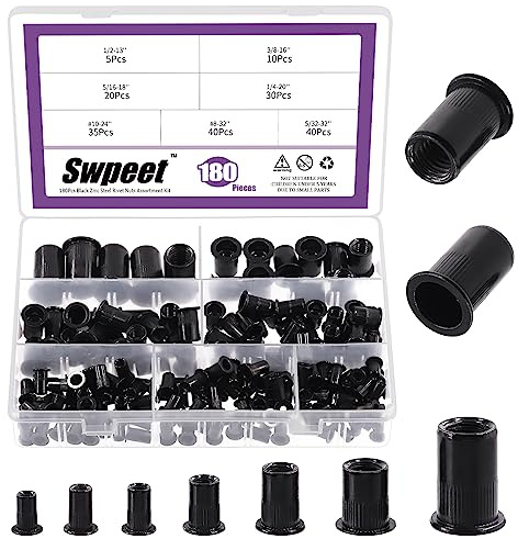 Swpeet Juego de 180 tuercas remachadas de 7 tamaños, UNC 5/81.3 cm-32#20.3-81.3 cm #25.4-61.0 cm 1/10.2 cm-20 5/40.6 cm-18 3/20.3 cm-16 1/5.1 cm-13 tuerca remachada, Acero al carbono chapado en zinc