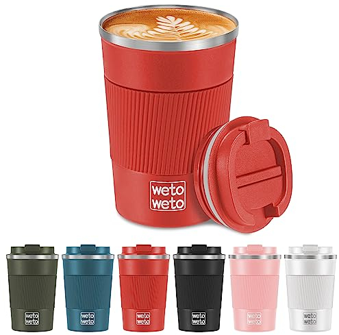 WETOWETO 12oz Reusable Coffee Cup, Coffee Travel Mug with Lid, Spill Proof Thermal Mug, Double-Walled Insulated Cup, Stainless Steel Portable Cup for Hot and Cold Drinks(Red)