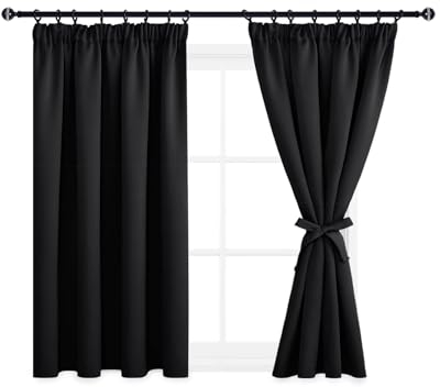 DWCN Schlafzimmer Gardinen Für Schienensystem, Verdunklungsvorhänge mit Vorhang-Krawatten, Kräuselband Gardinen Kurz Vorhänge Dunkel Vorhänge Küche, Grau Weiß, 137x167cm(HöhexBreite), Schwarz, 2er Set