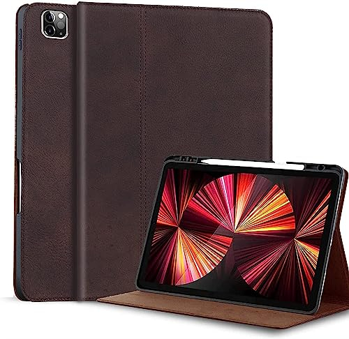 Gexmil Leder Hülle für iPad Pro 12,9 Zoll 6./5./4./3. Generation 2022/2021/2020/2018 Echt Leder Cover mit Stylus Halter,Stoßfest Automatischer Schlaf/Aufwachen,Einstellbarer Ständer,Sand Dark Braun