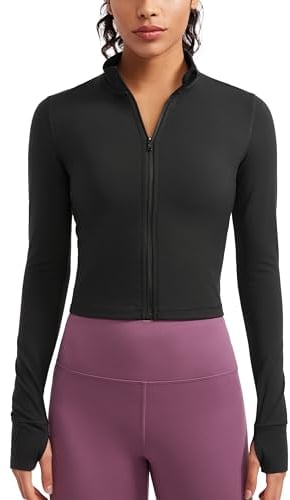 CRZ YOGA Damen Butterluxe Voller Reißverschluss Cropped Jacke Sport Pullover Slim Fit Gym Running Jacken mit Daumenloch Schwarz 40