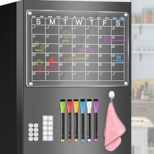 MEKEET Planning Boards, 15.7 x 11.8 Clear Acrylic Magnetic Whiteboard for Fridge with 6 Dry Wipe Marks, 6 Colors, Reusable Planner Whiteboard Monthly Calendar
