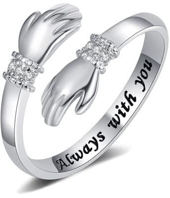 Yifnny Umarmungsring, Verlobungsring Gravierte Worte Umarmung Hände Offener Ring Verstellbar Ring Mutter Geschenk für Männer und Frauen Schmuck (Always with you,2)