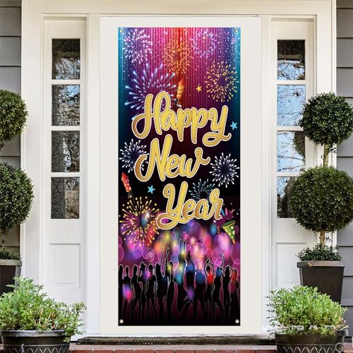 HAKOTOM Neon Neujahr Türabdeckung 2025 Frohes neues Jahr Tür Abdeckung Buntes Feuerwerk Silvester Deko Silvester Party Hintergrund Banner Happy New Year Deko für 2025 Haustür Deko 182x91cm