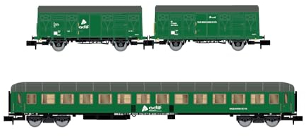 Arnold HN6576 ADIF 3-Einheiten-Paket, 2 x J2-Wagen SSV-500-Wagen, grüne Lackierung, Folge VI, Modell Eisenbahnfahrzeuge – Waggons