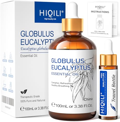 HIQILI Olio Essenziale Eucalipto 100ml, 100% Naturale, Olio Aromaterapico per Viso, Candele, Diffusore, Pelle e Capelli - 3.38 Fl Oz